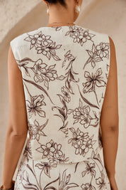 Beige Floral Sketch Print Sleeveless Vest with Pearl Buttons