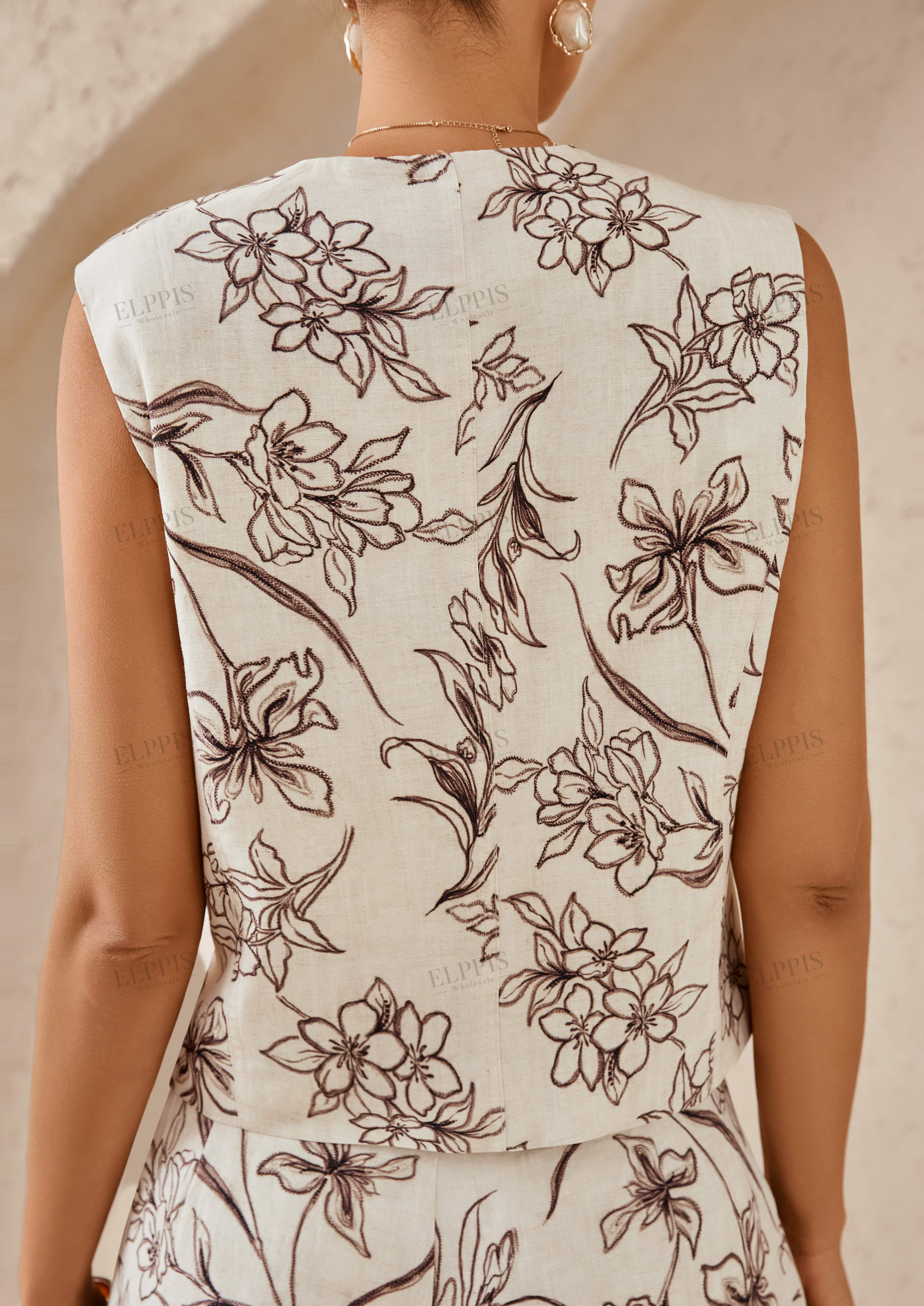 Beige Floral Sketch Print Sleeveless Vest with Pearl Buttons