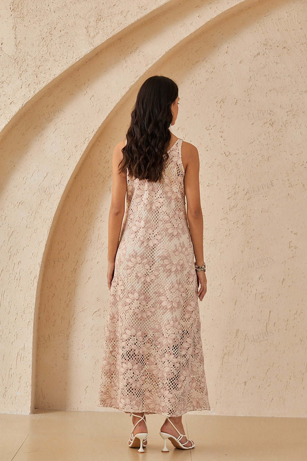 Blush Pink Floral Crochet Lace Sleeveless Midi Dress