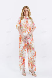 Printed Cutout Lace Short-Sleeve Shirt