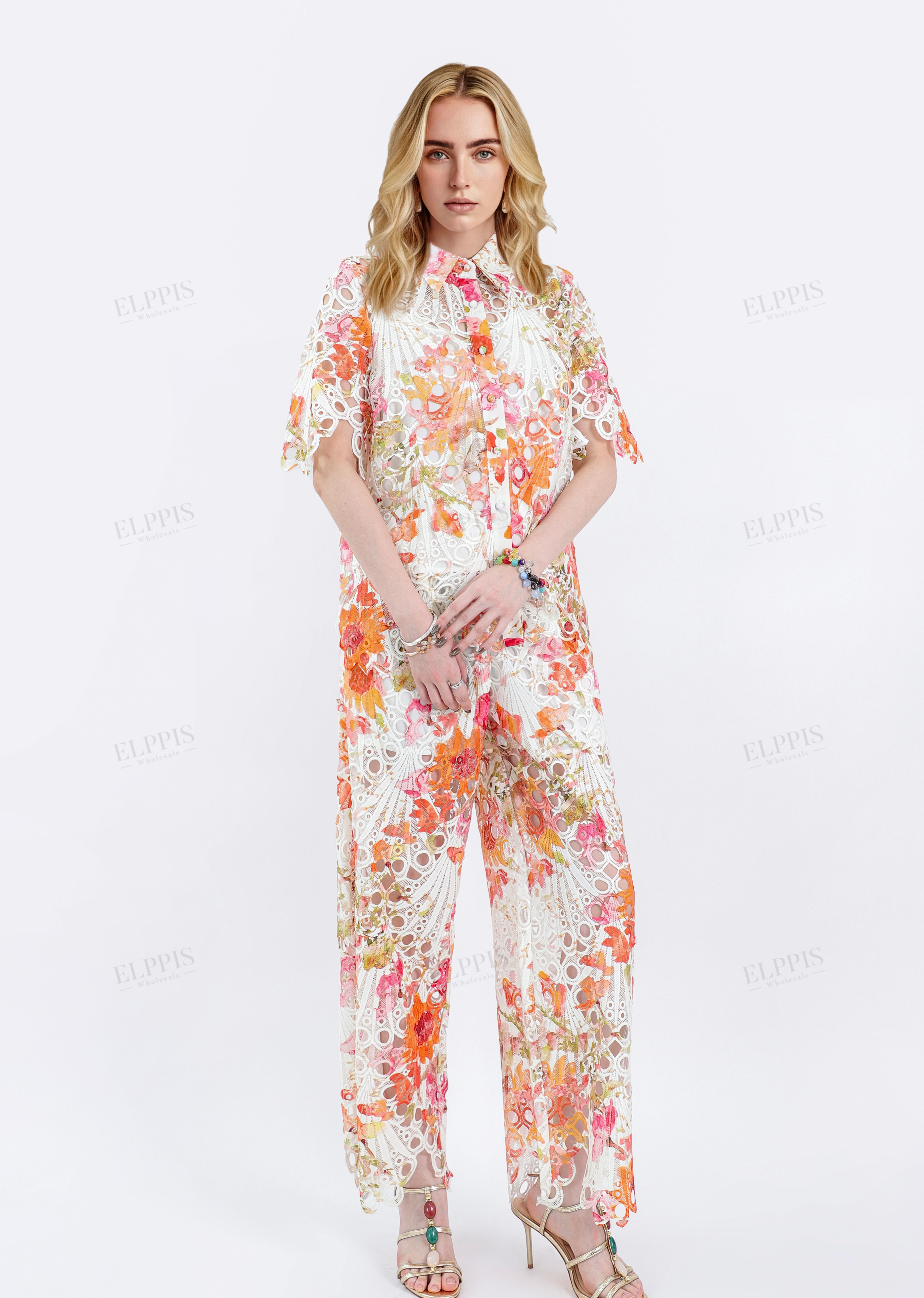 Printed Cutout Lace Short-Sleeve Shirt