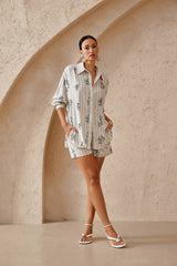 Beige Striped Cotton-Blend Shorts with Black Floral Print