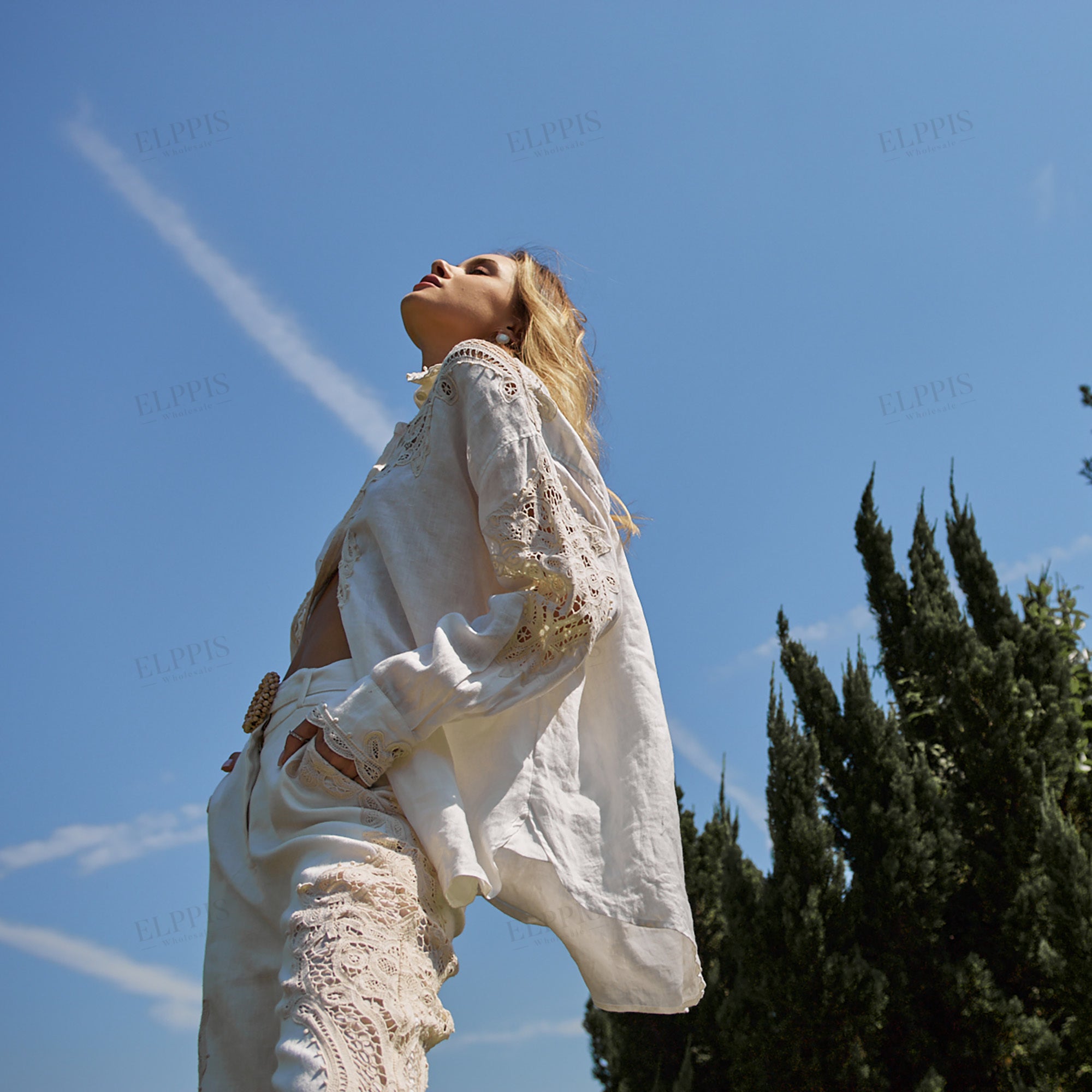 Embroidered all-linen flared pants