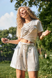 Cutout color-block cotton base embroidered X-line short sleeve cropped dress