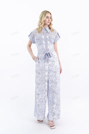 Blue Lavender Striped Lace Jumpsuit with Belt
