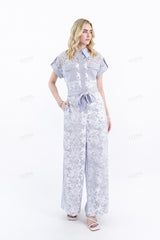 Blue Lavender Striped Lace Jumpsuit with Belt