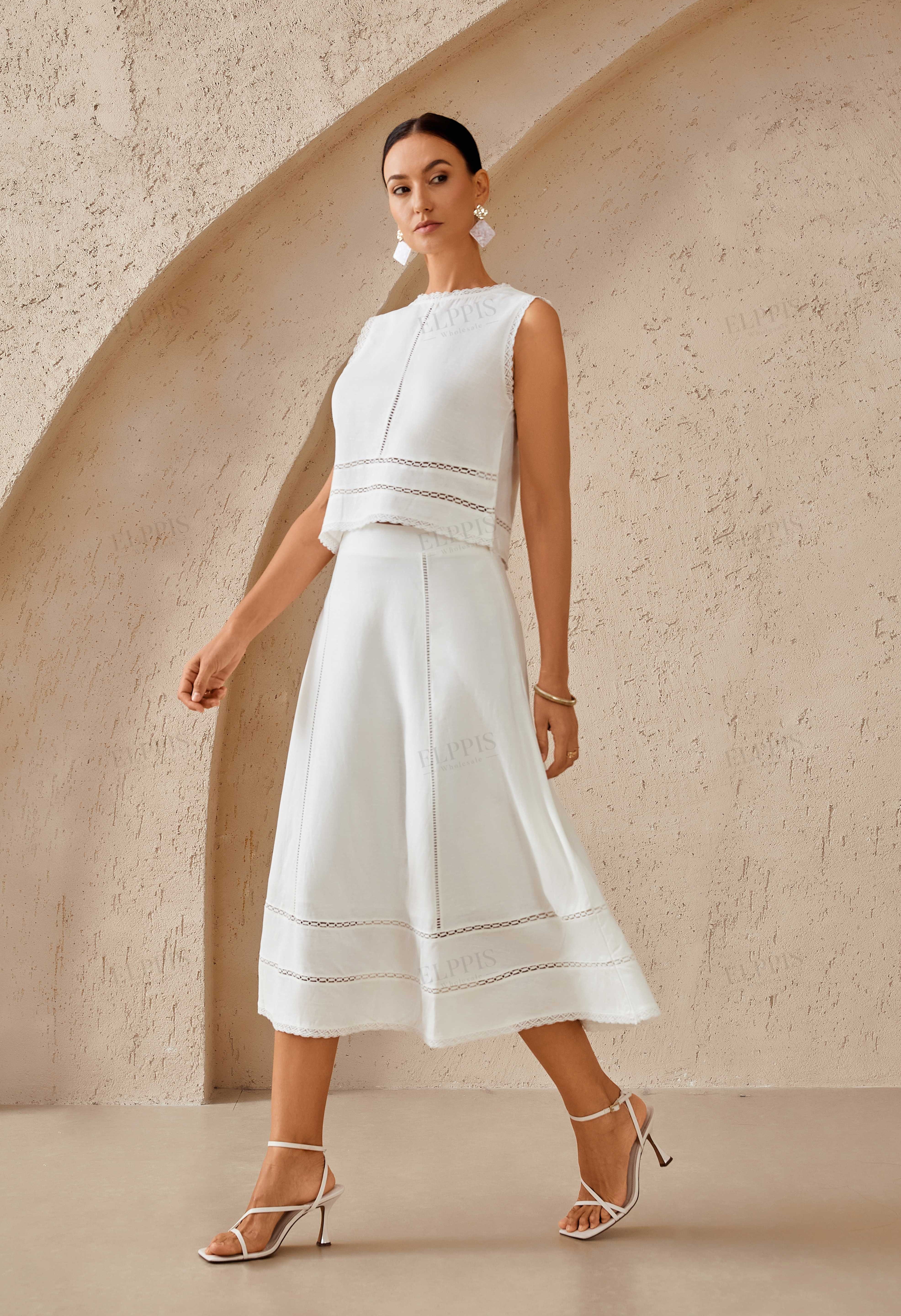 White Linen Sleeveless Top with Eyelet Lace Detailing