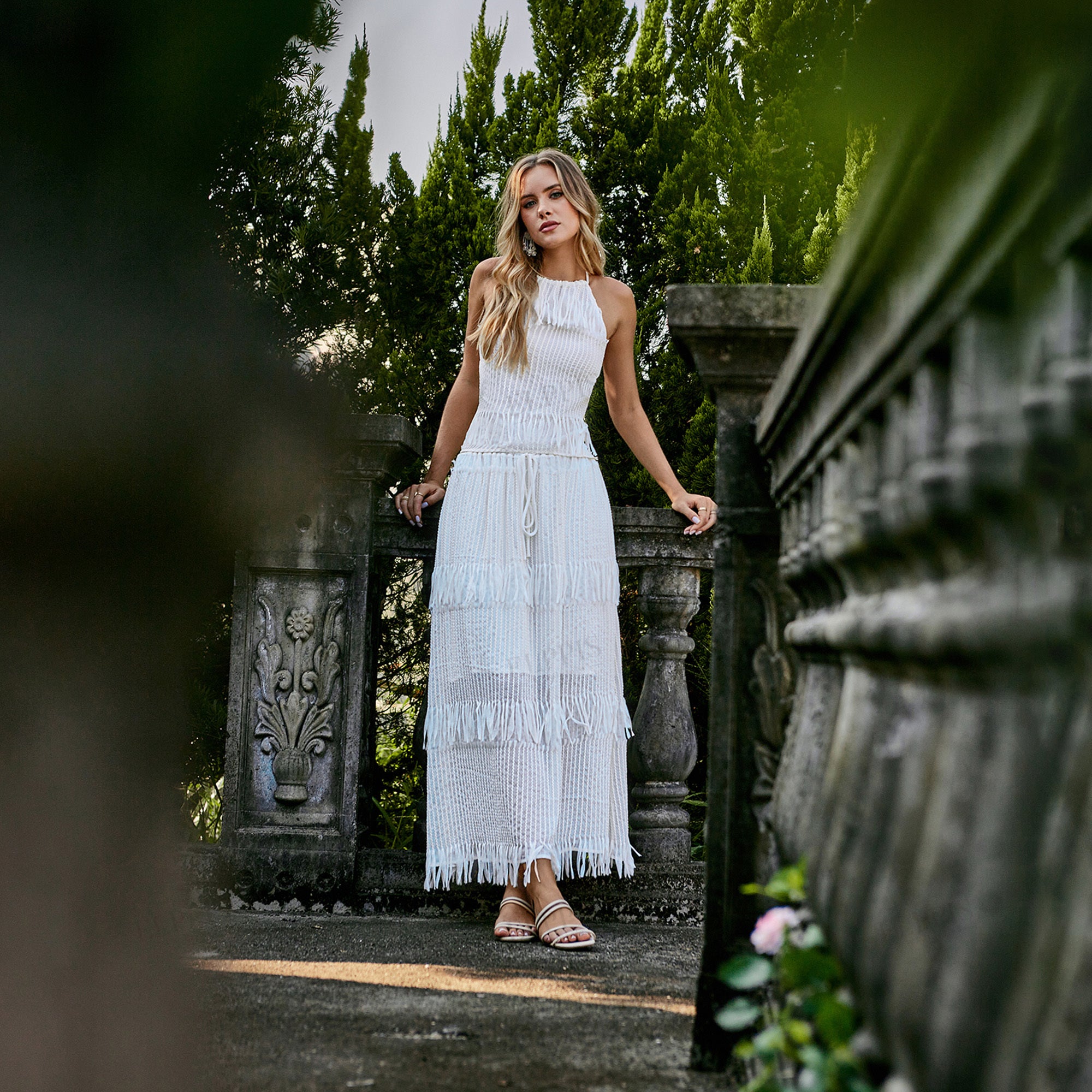 Chiffon base with 3D tassel embellishment straight midi skirt