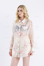 Sheer Pink Floral Embroidered Elastic Waist Shorts