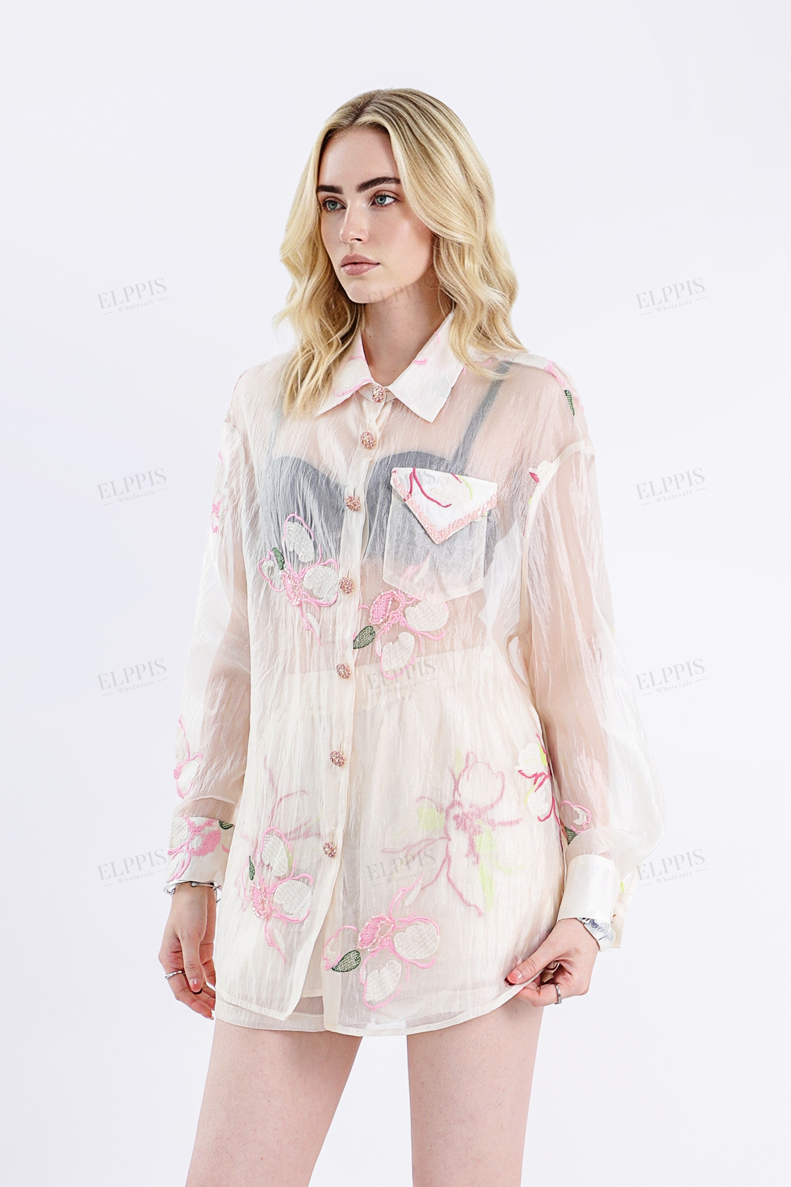 Sheer Pink Floral Embroidered Elastic Waist Shorts