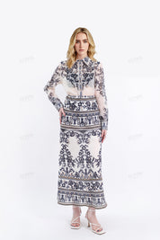 Two-Tone Ornate Pattern Maxi Skirts