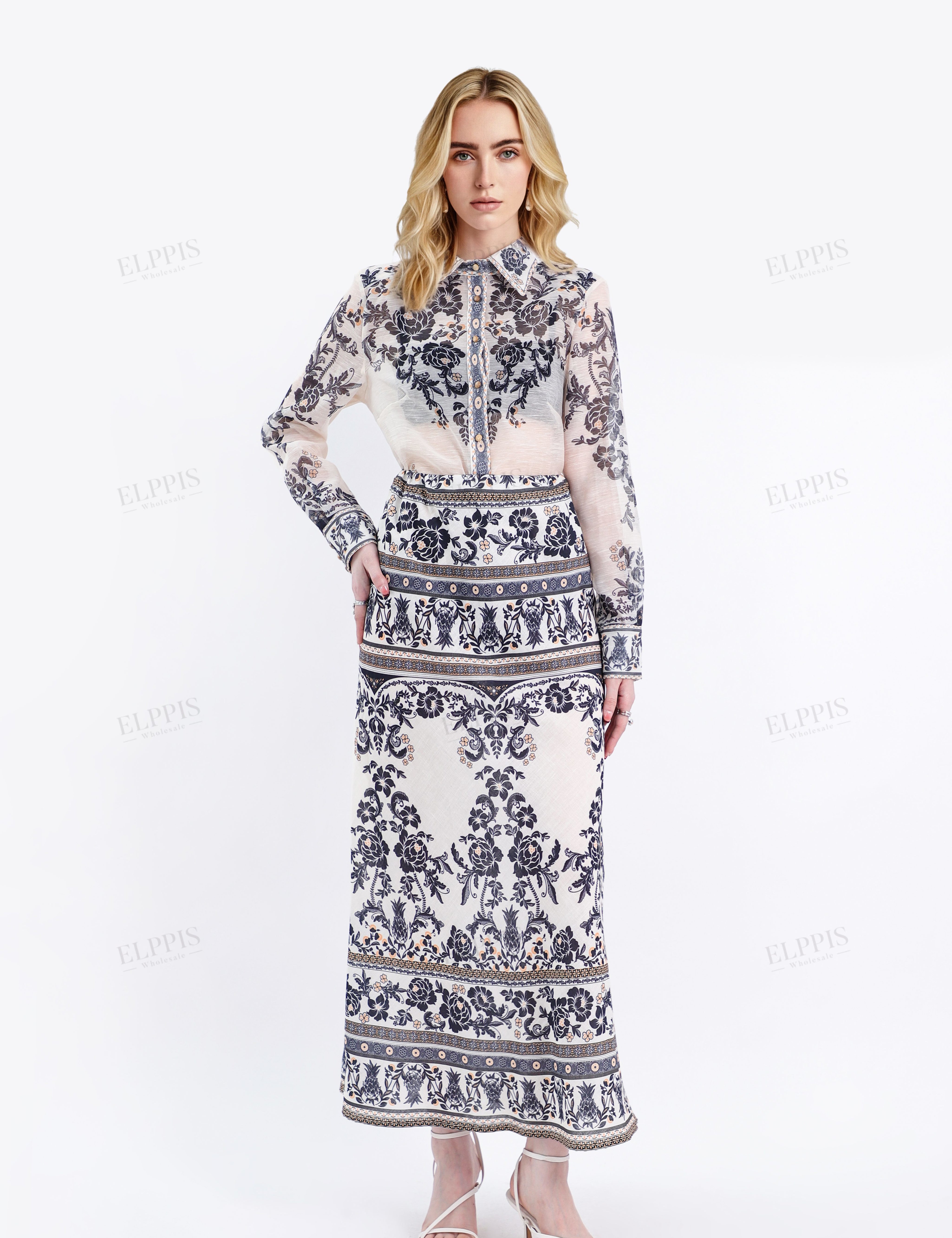 Two-Tone Ornate Pattern Maxi Skirts
