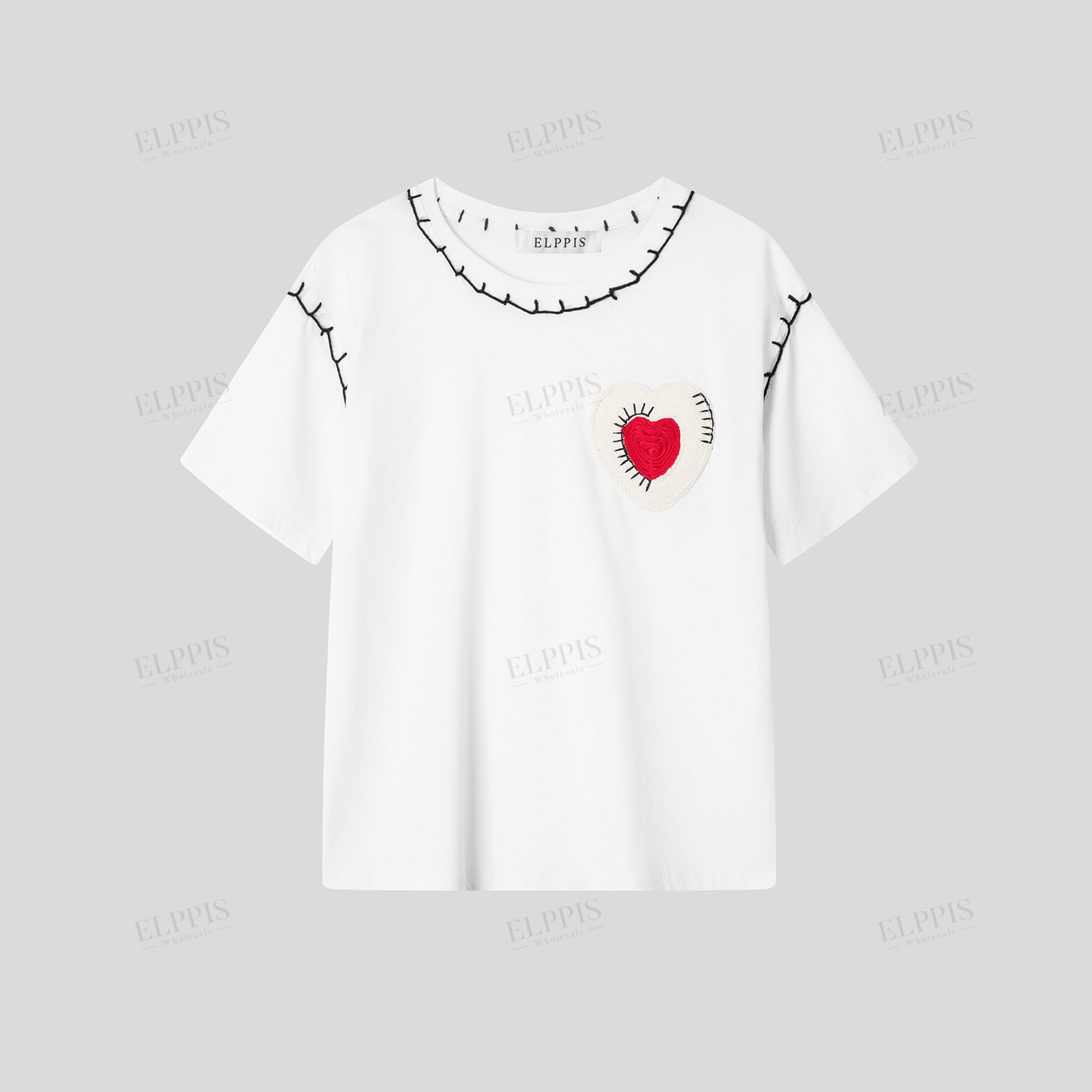 White Oversized T-Shirt with Contrast Stitch & Red Heart Embellishment