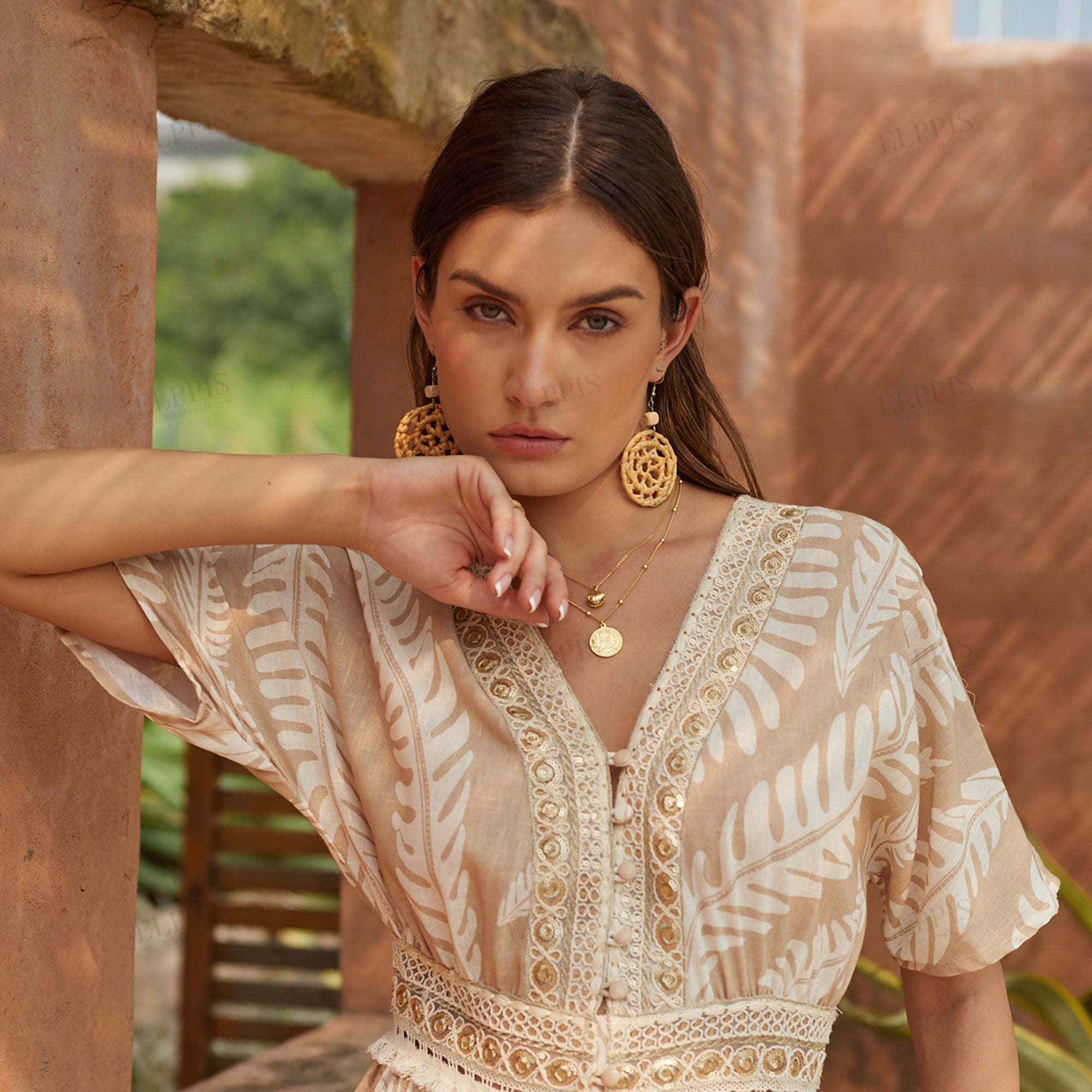 Textured print with woven band short sleeve dress