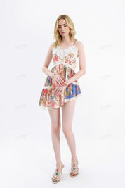 Floral Print Asymmetrical Cami Mini Dress with Lace Trim