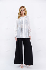 White Sheer Shirt with Intricate Crochet Lace Panels