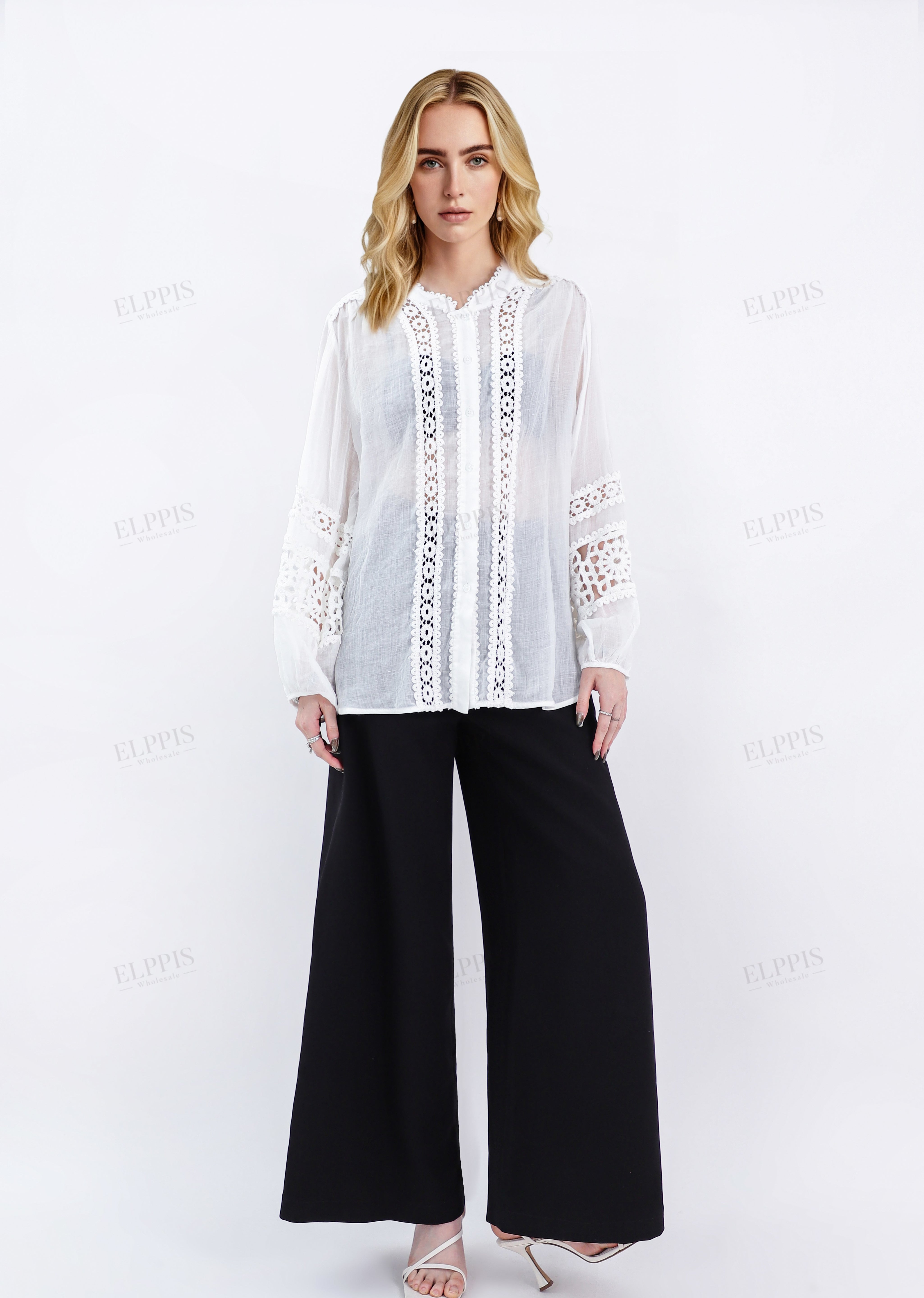 White Sheer Shirt with Intricate Crochet Lace Panels