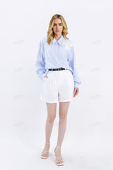 White Linen-Blend Tailored Shorts with Belt