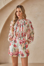 Romantic Floral Print Chiffon Blouse with Ruffled Trim & Mock Neck