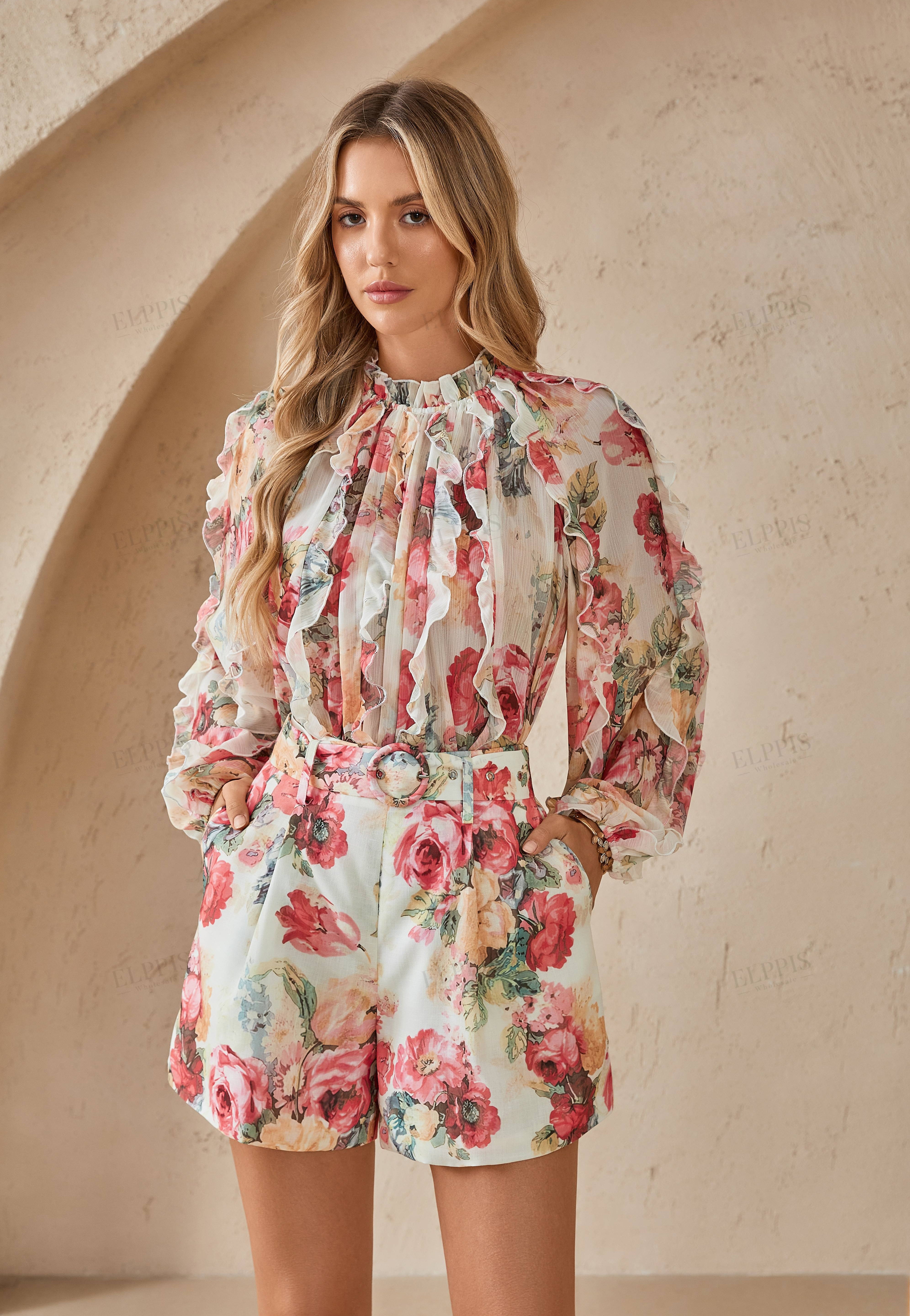 Romantic Floral Print Chiffon Blouse with Ruffled Trim & Mock Neck
