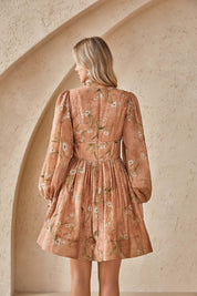Terracotta Floral Print Linen Mini Dress with Balloon Sleeves