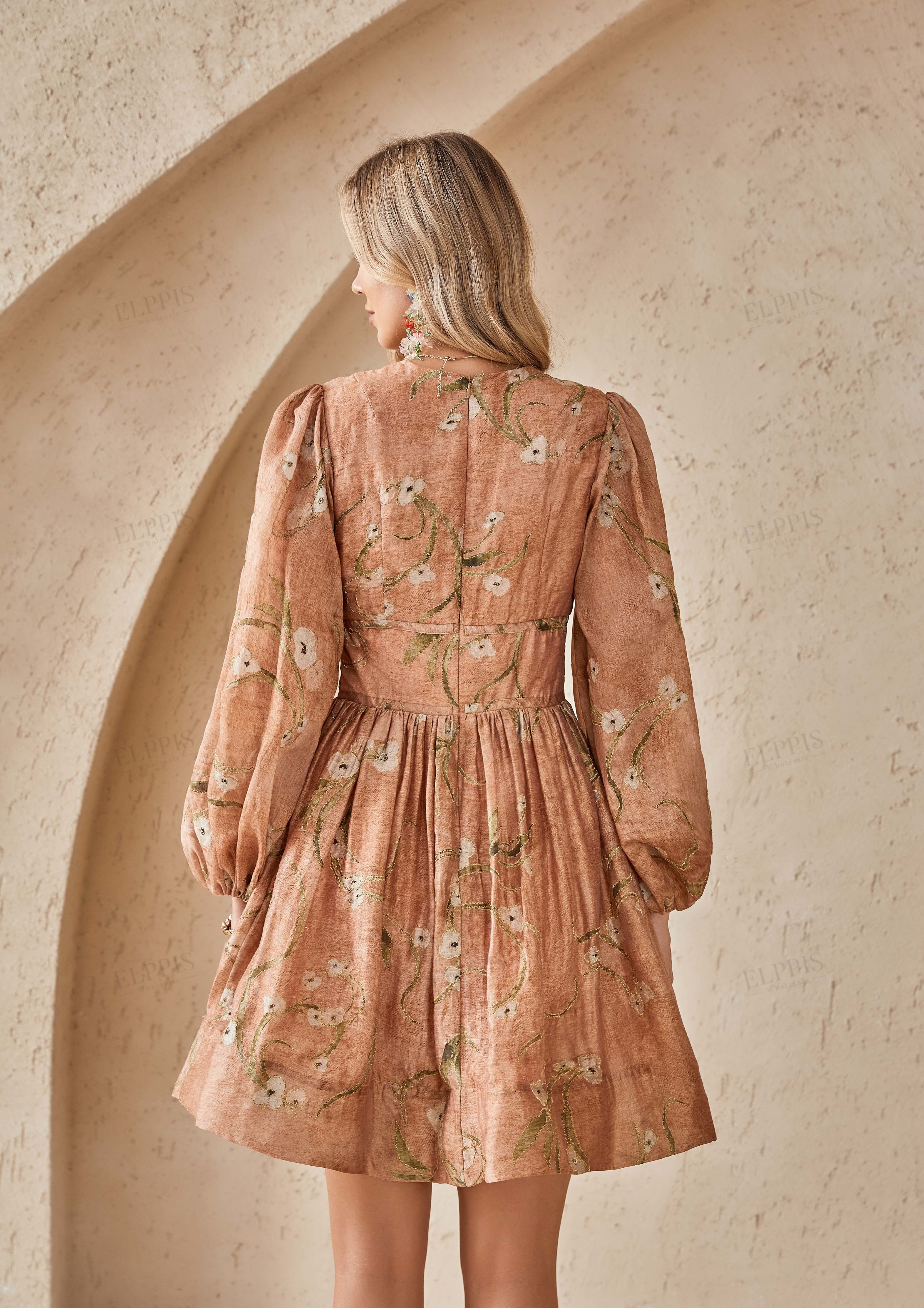 Terracotta Floral Print Linen Mini Dress with Balloon Sleeves