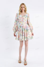 Vibrant Floral Print Long-Sleeve Mini Dress with Pearl Buttons