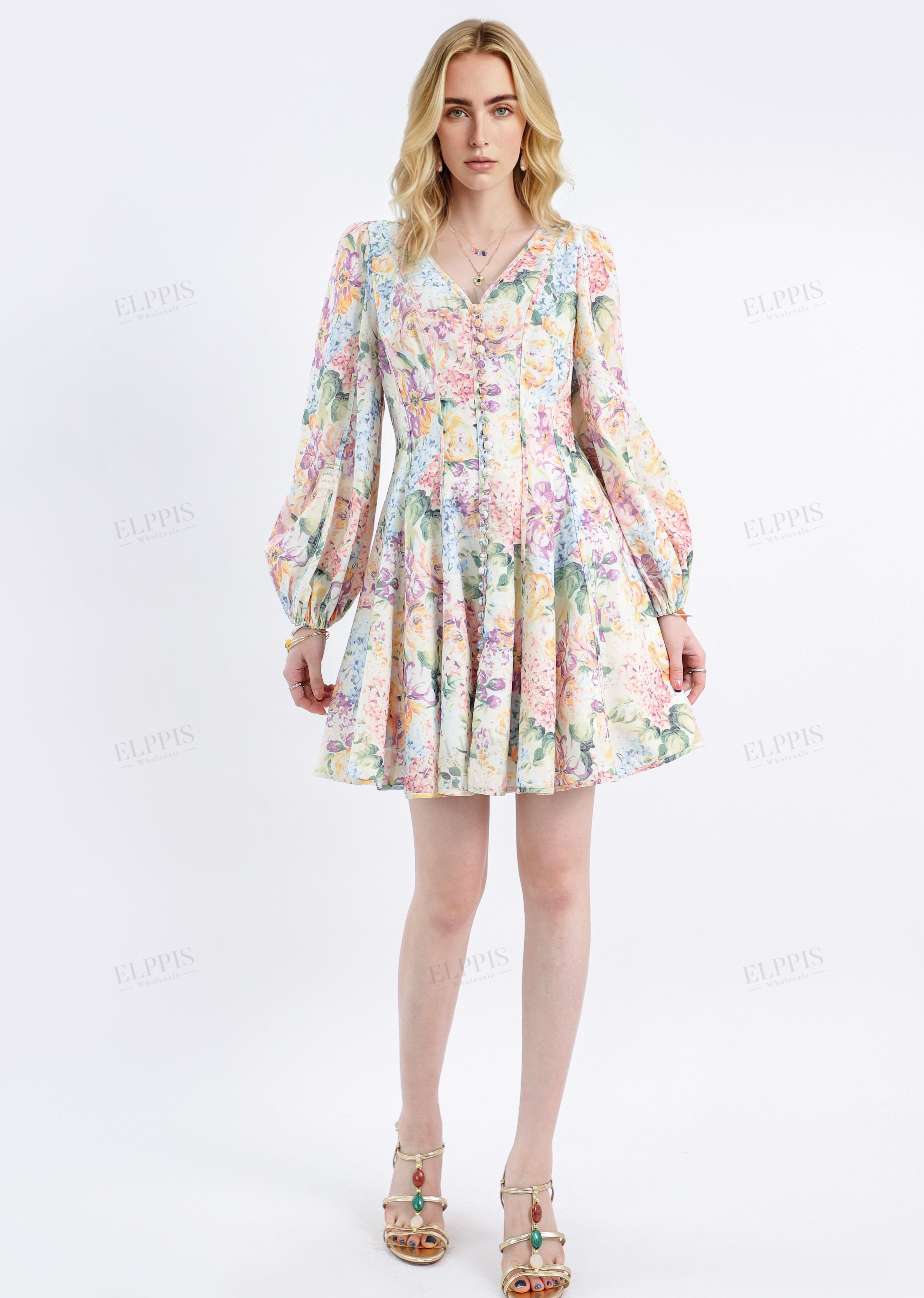Vibrant Floral Print Long-Sleeve Mini Dress with Pearl Buttons