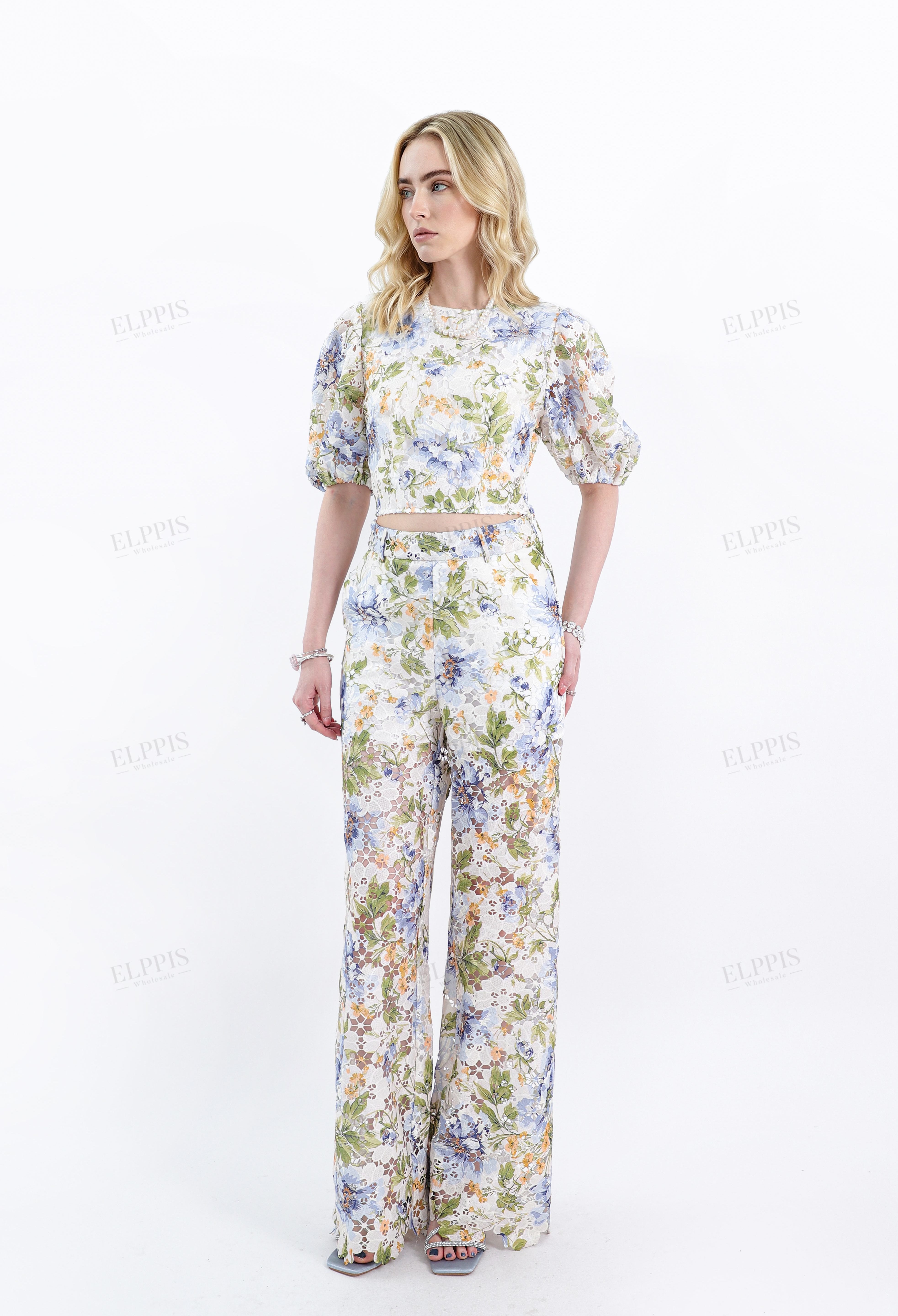 Wide-Leg Lace Floral Pants