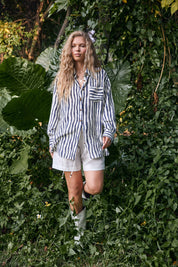 Ivory & Navy Striped Oversized Linen Shirt