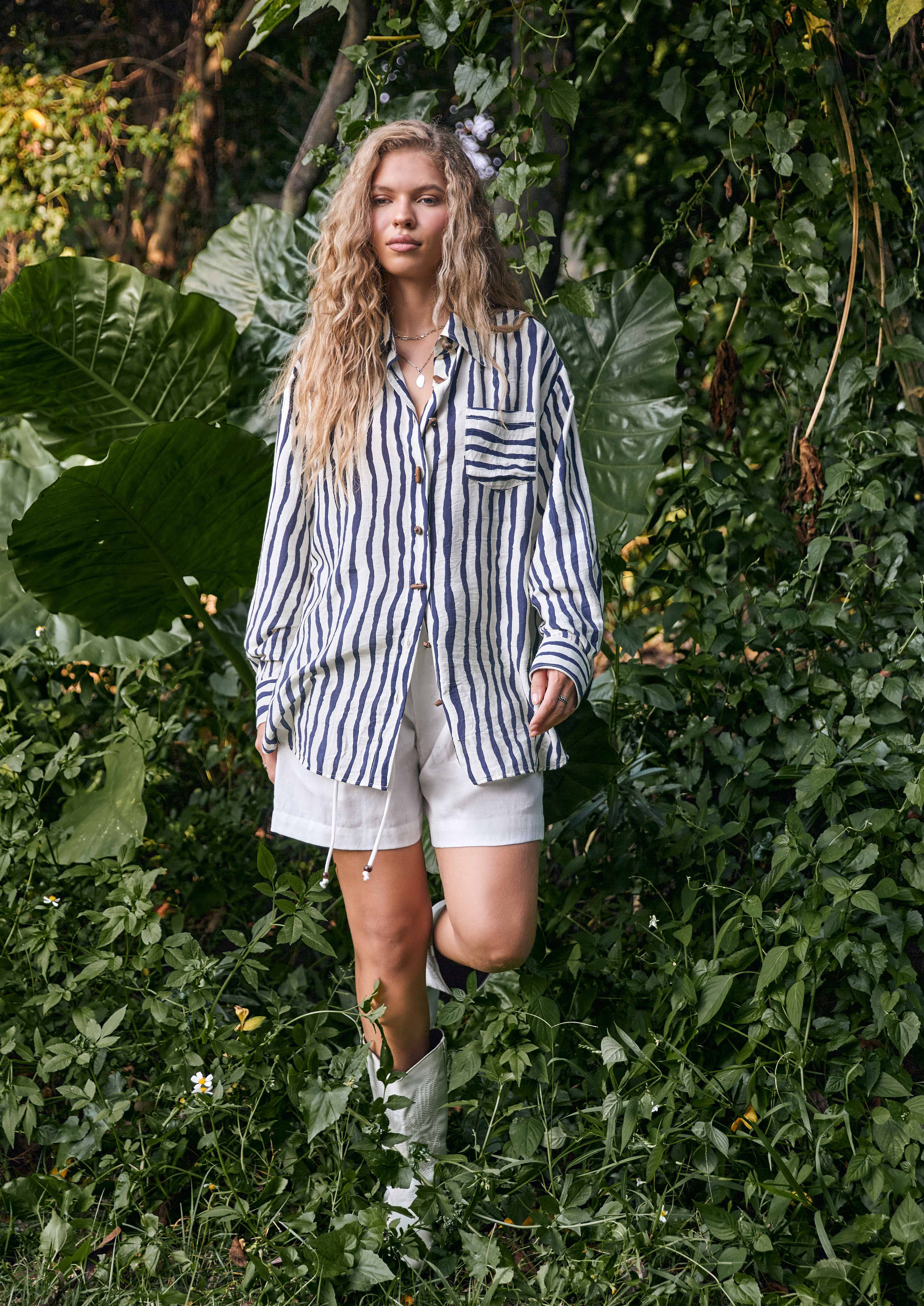 Ivory & Navy Striped Oversized Linen Shirt