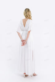 White Deep V-Neck Maxi Dress with Pearl Trim & Short Batwing Sleeves