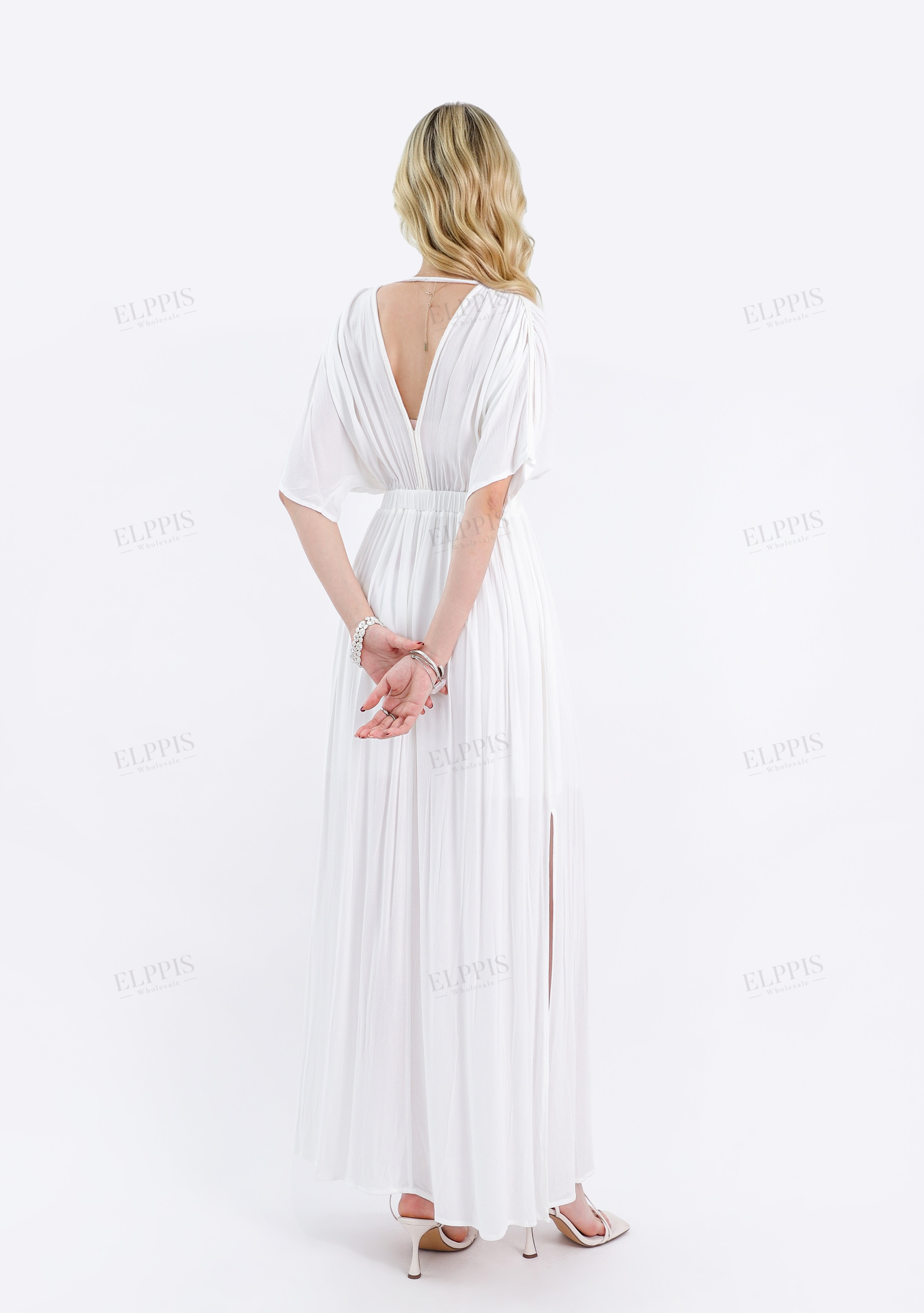 White Deep V-Neck Maxi Dress with Pearl Trim & Short Batwing Sleeves