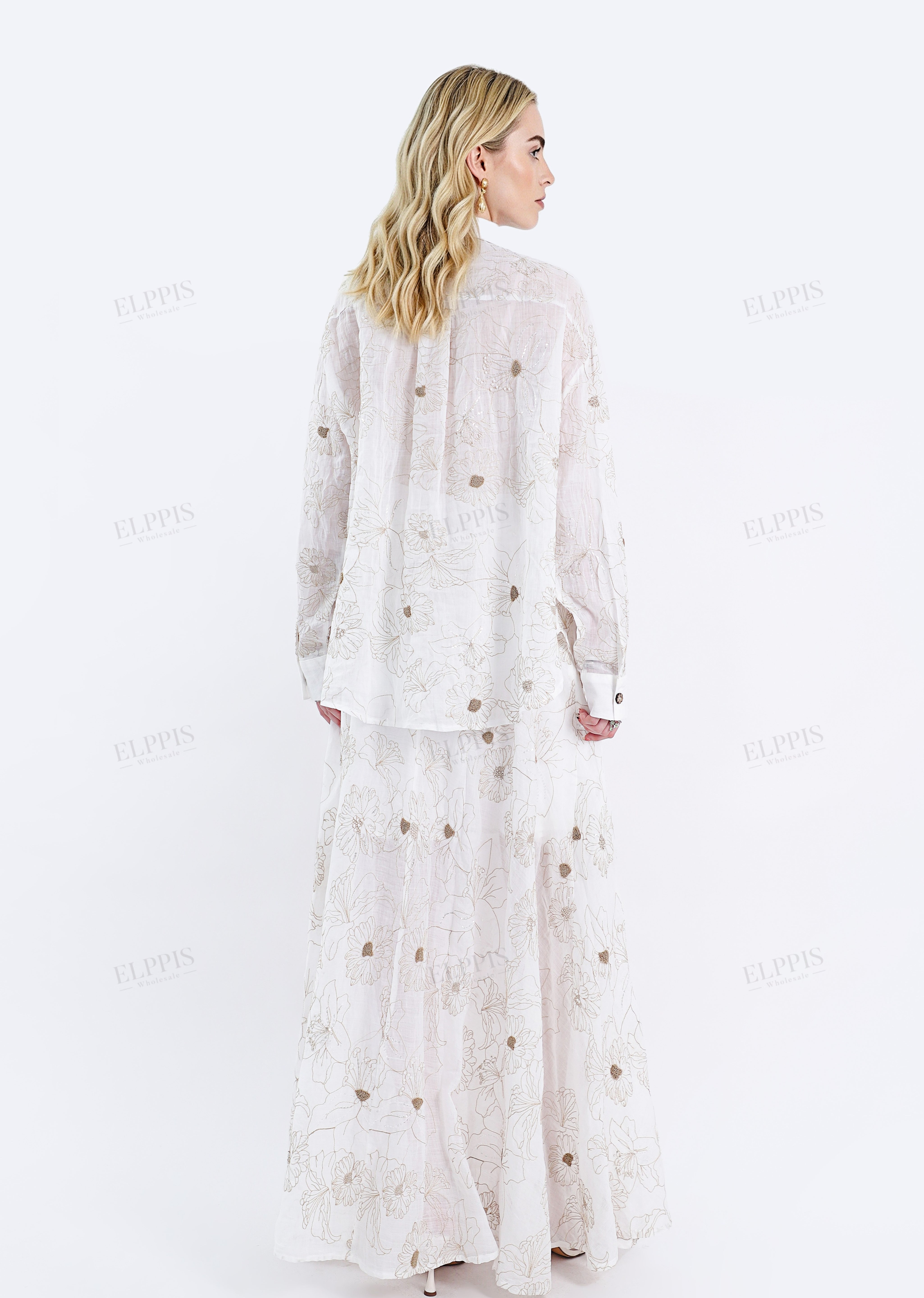 White Rayon-Linen Blend Embroidered Oversized Shirt