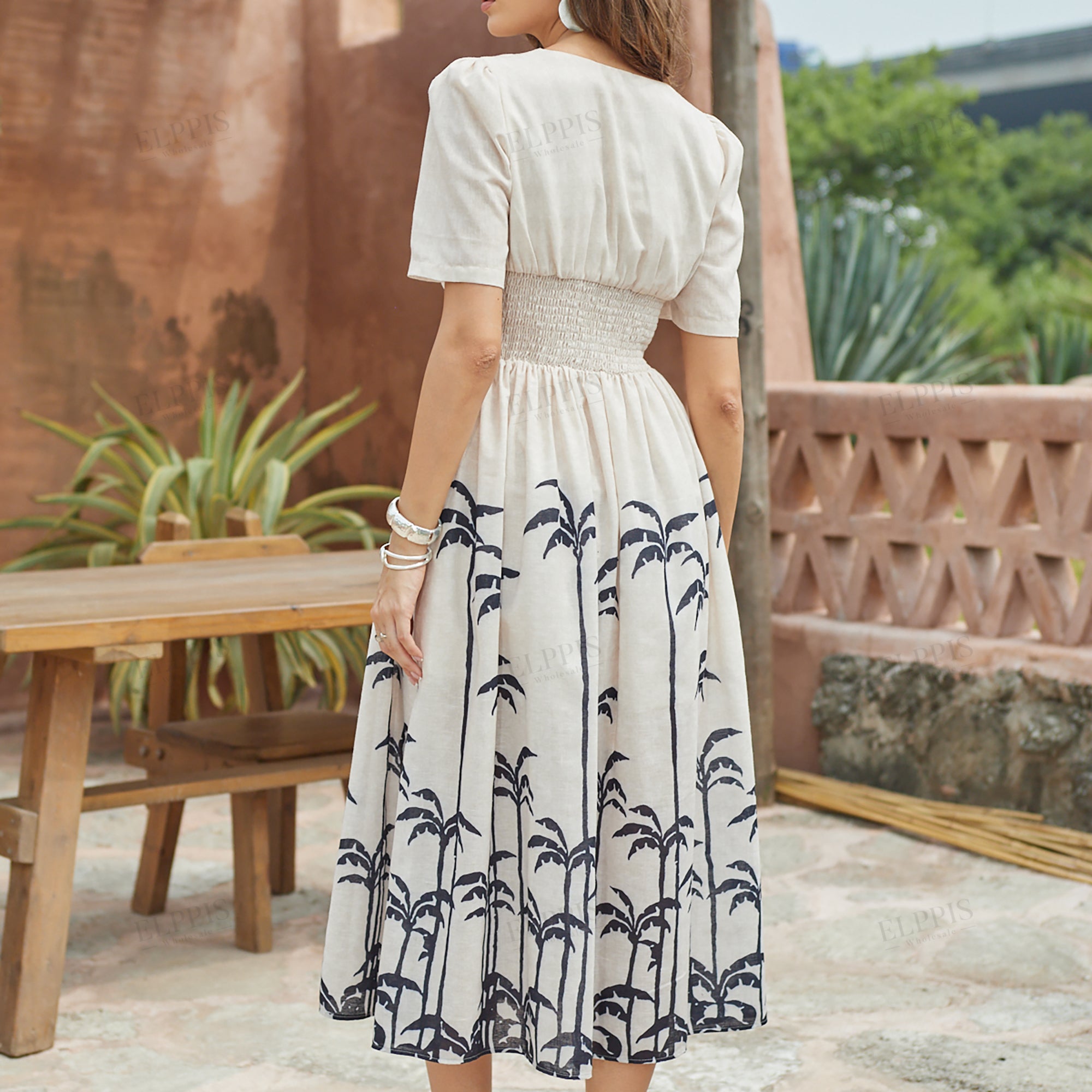Hand-beaded faux linen printed X-line short sleeve midi dress