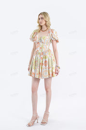 Paisley Print Rayon Puff-Sleeve Dress