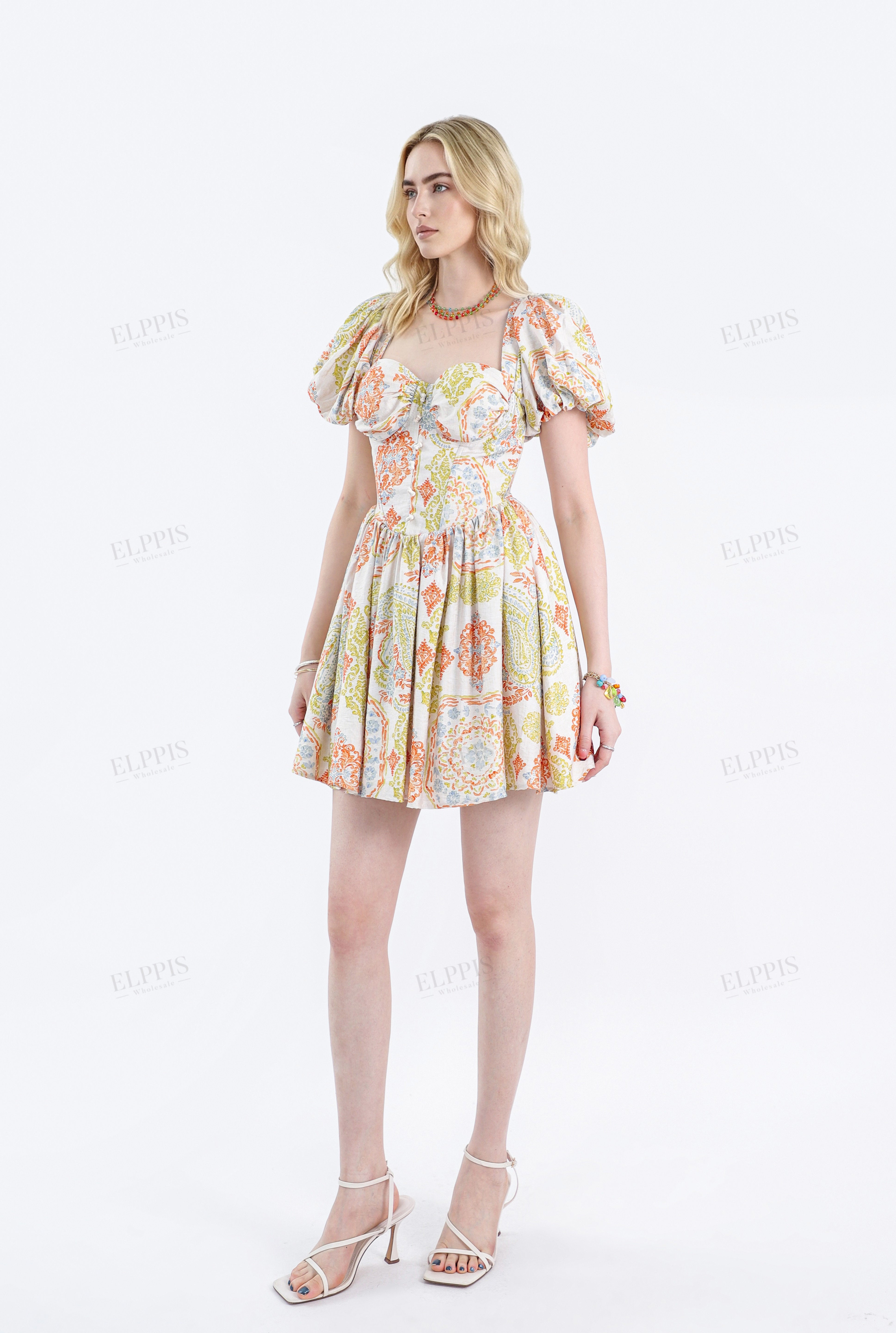 Paisley Print Rayon Puff-Sleeve Dress