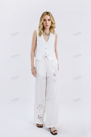 White Cropped Vest with Beaded Floral Embroidery & Crystal Buttons