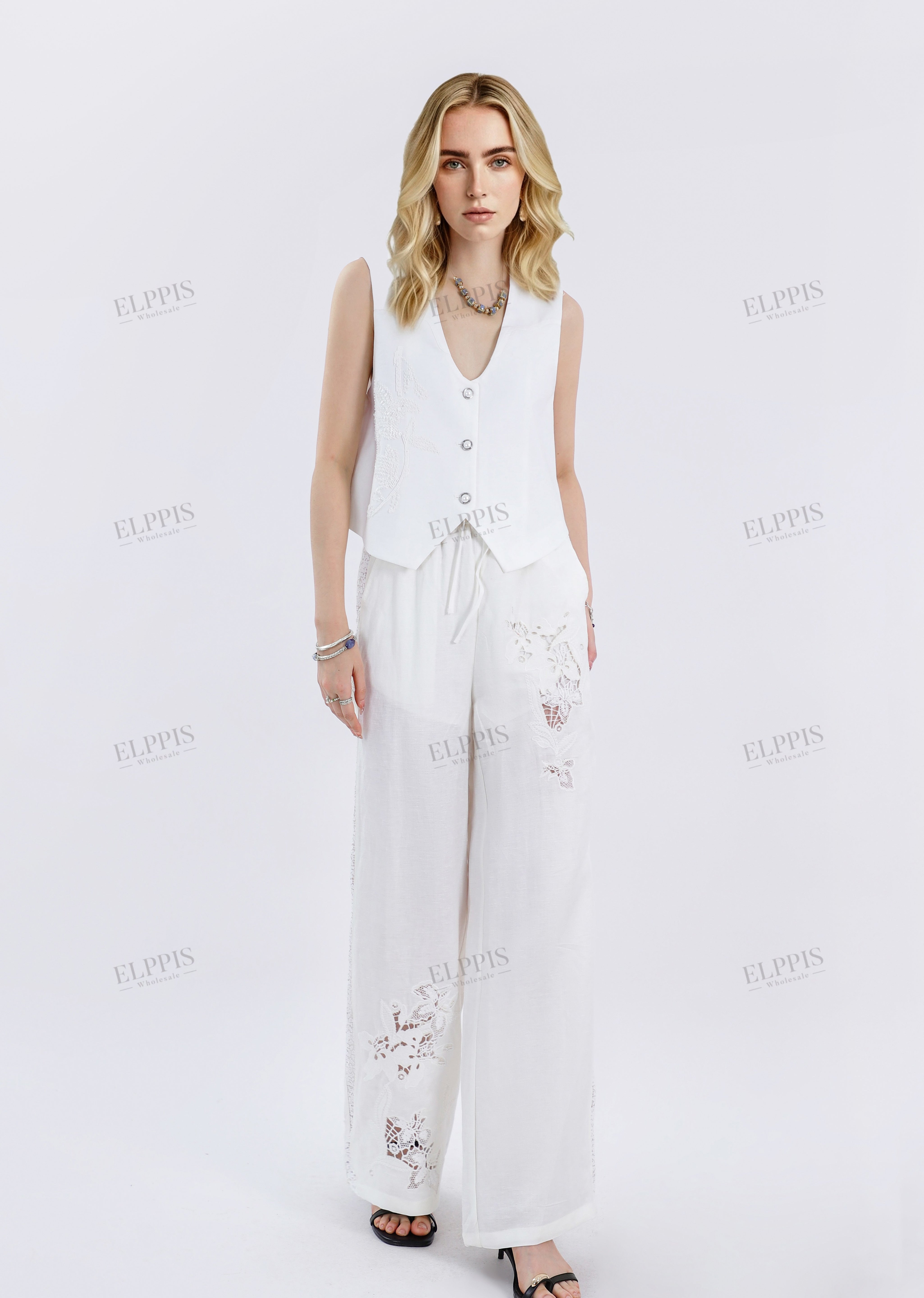 White Cropped Vest with Beaded Floral Embroidery & Crystal Buttons