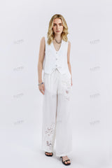 White Cropped Vest with Beaded Floral Embroidery & Crystal Buttons