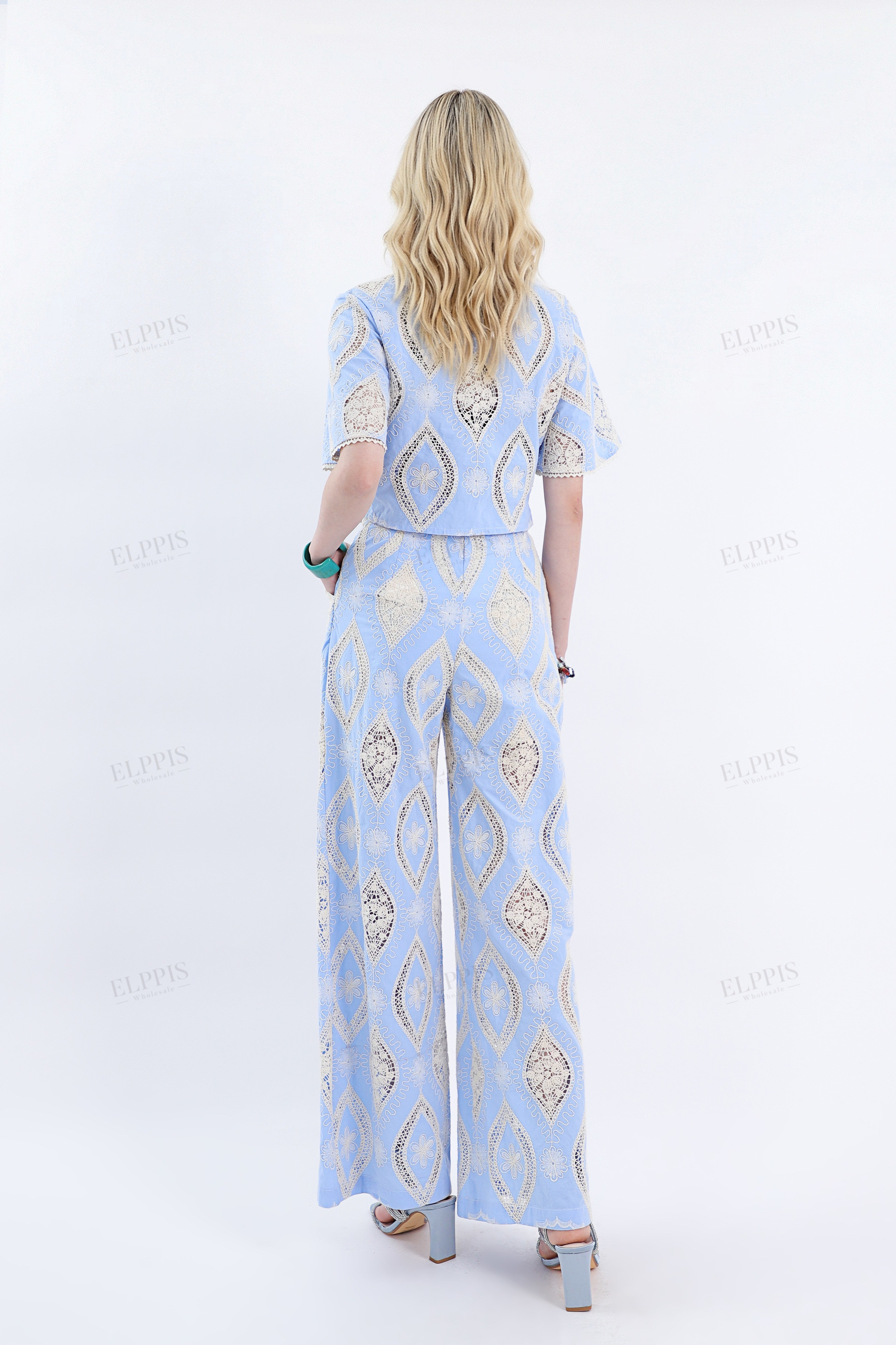 Light Blue Cropped Blouse with Cream Lace Embroidery