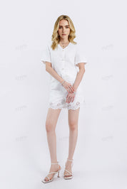 White Linen Shorts with Scalloped Lace Hem Detail