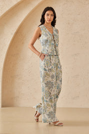 Floral Print Linen Tie-Front Sleeveless Vest