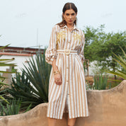 Pipe bead embroidered H-line striped long sleeve dress