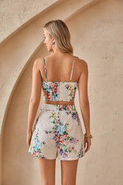 Cream Floral Print Eyelet Bustier Crop Top with Adjustable Straps