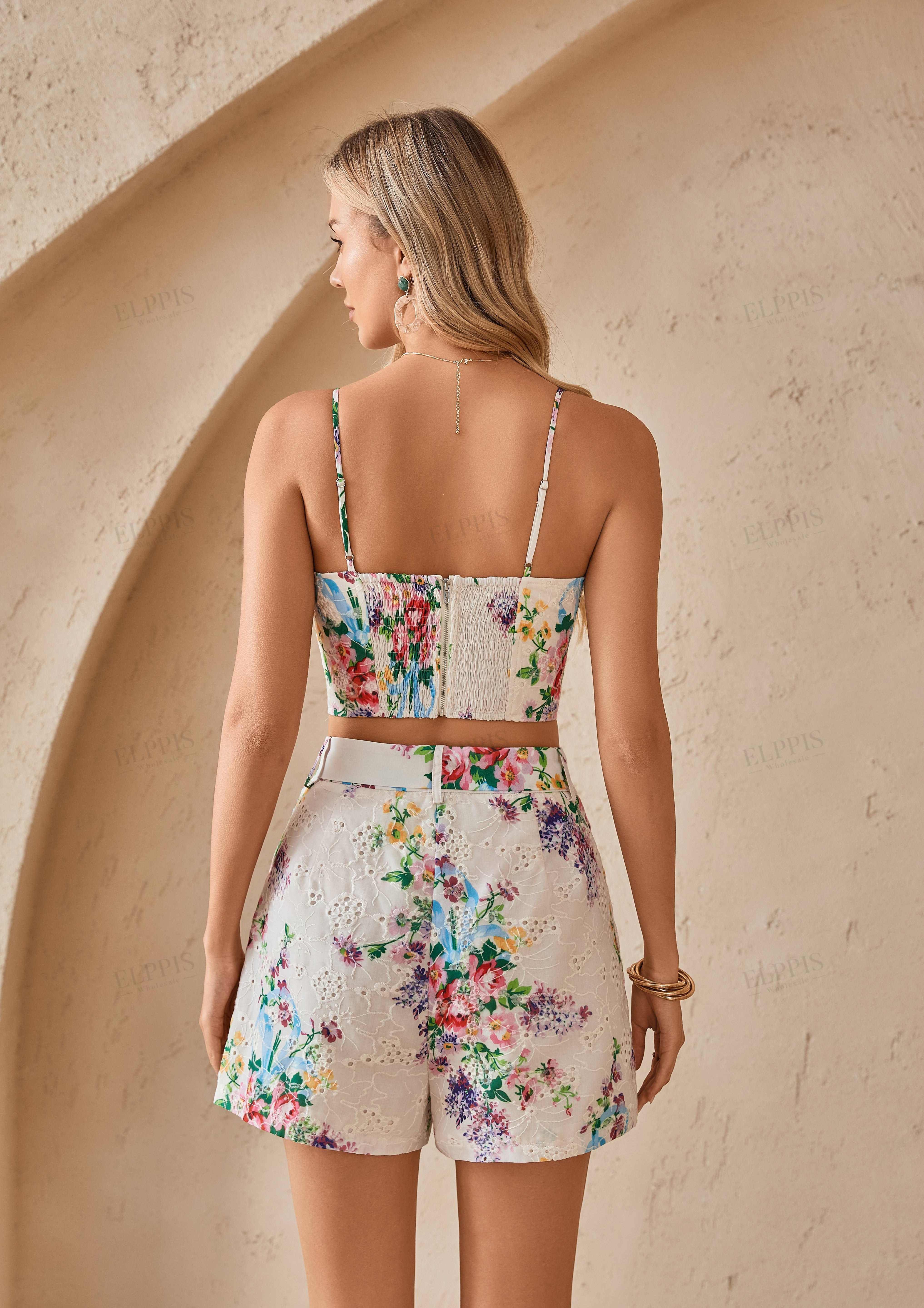 Cream Floral Print Eyelet Bustier Crop Top with Adjustable Straps