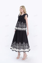 Black Sleeveless Blouse with White Lace & Ruffle Detail