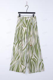 Green Leaf Print High-Waisted Wide-Leg Pants with Beaded Drawstring