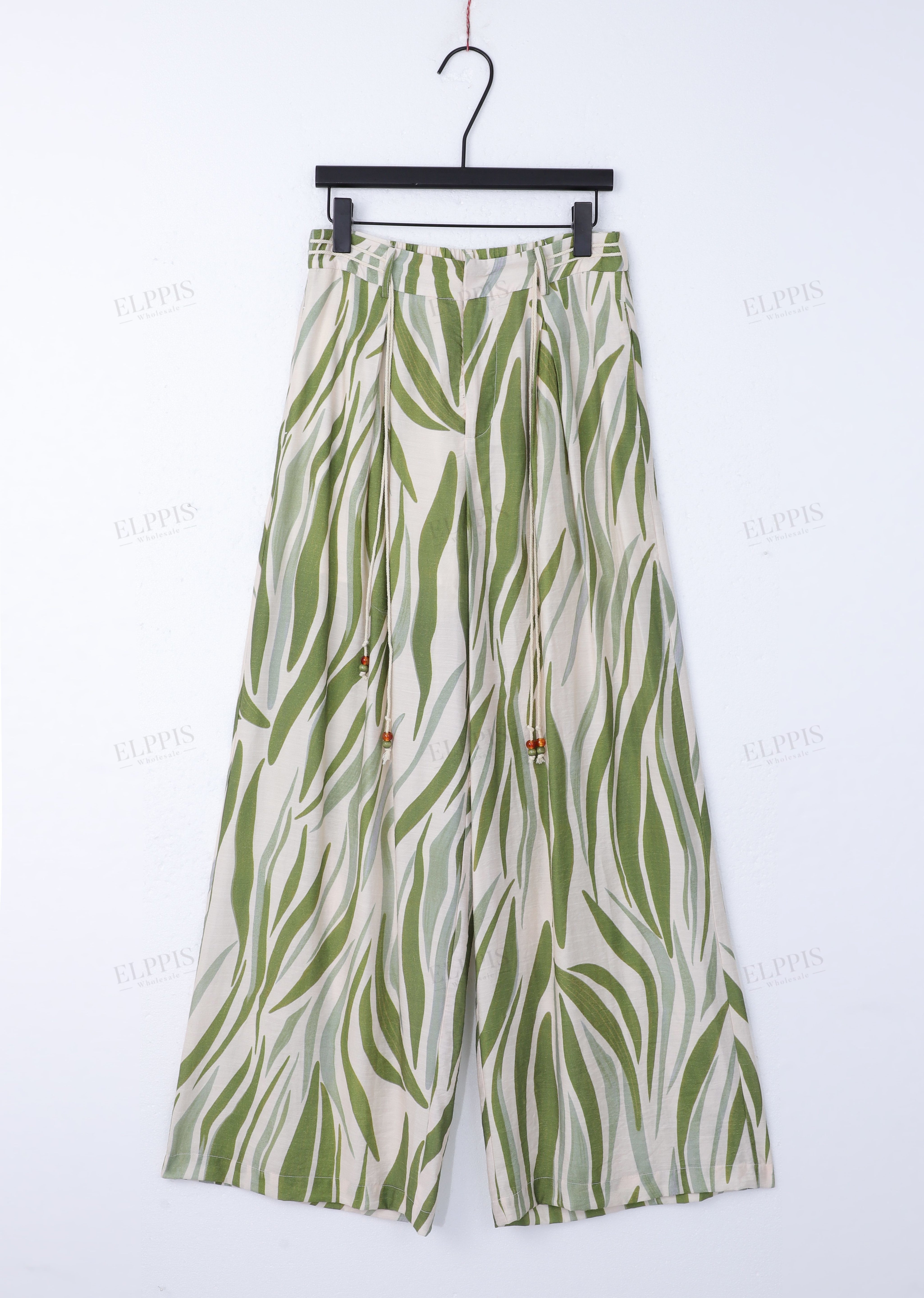 Green Leaf Print High-Waisted Wide-Leg Pants with Beaded Drawstring
