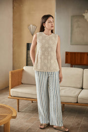 Blue & White Striped Linen-Blend Wide-Leg Pants (Crochet Waist)